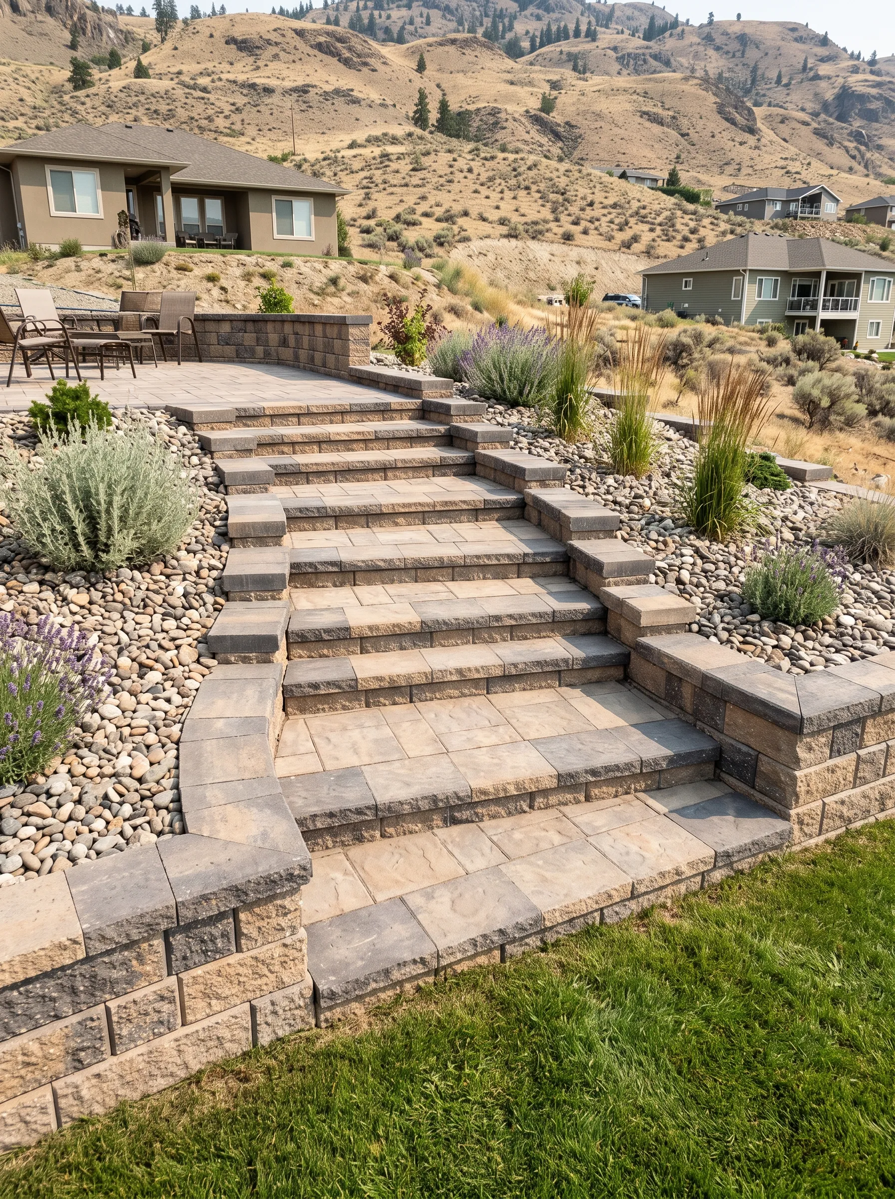 Stone landscape stairway on sloped yard in Osoyoos