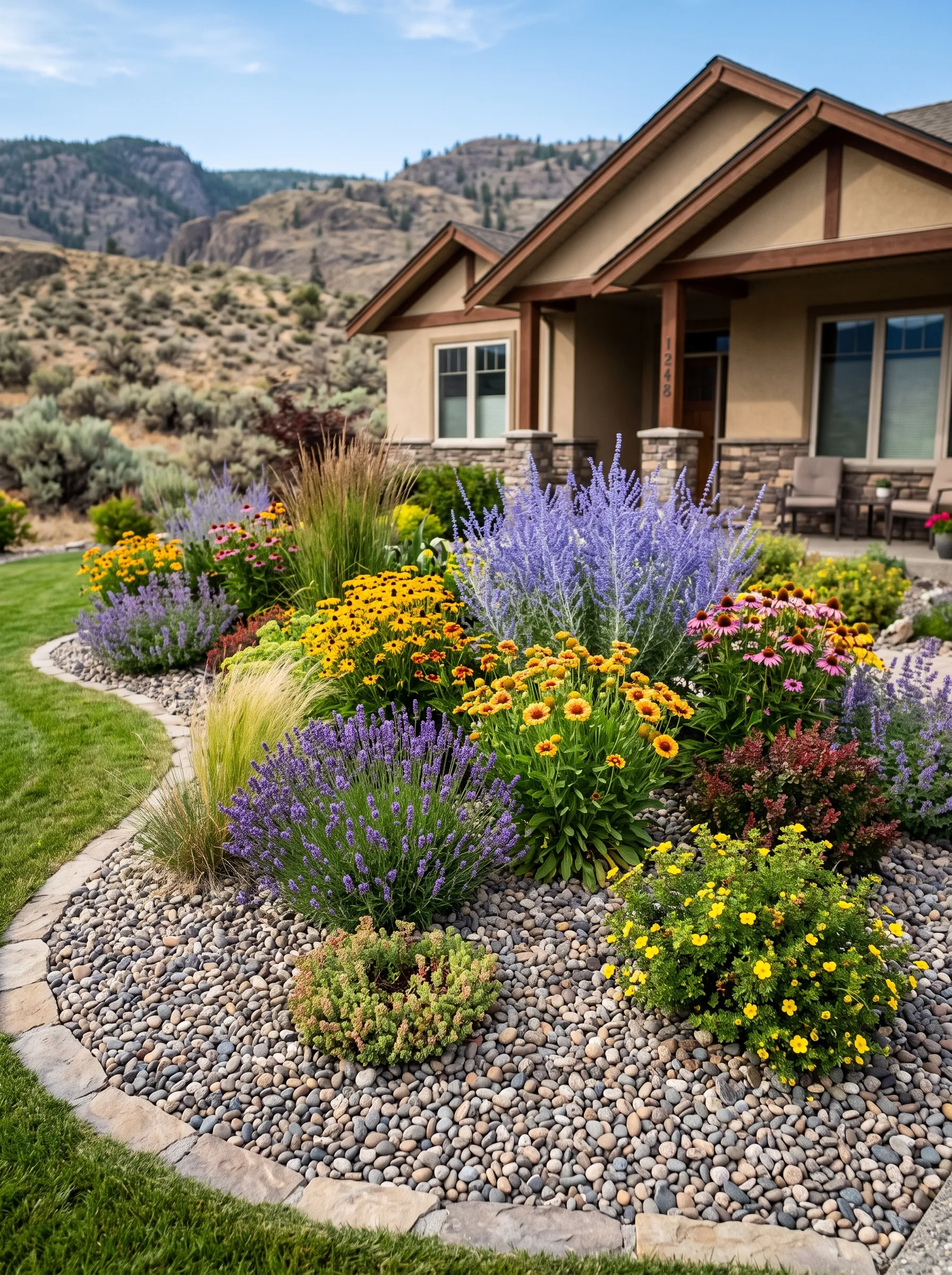Perennial garden with rock and landscape fabric in South Okanagan